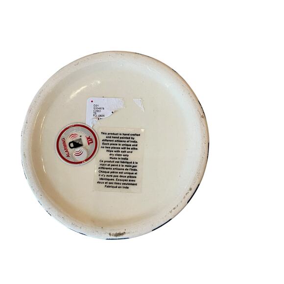 Hand Painted Striped Ceramic Canister w/ Wood Lid Made in India Blue Cream 5" - Picture 9 of 11